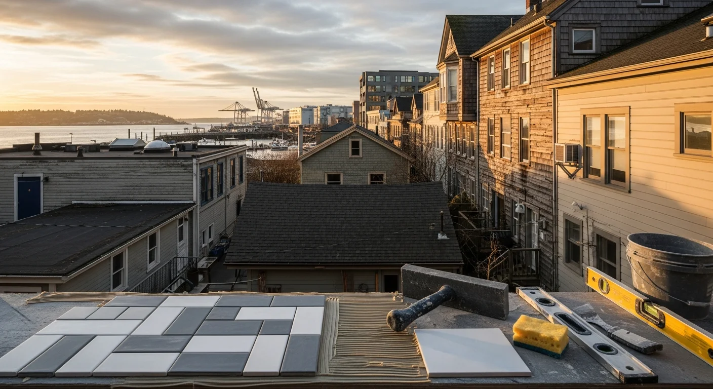 Tacoma waterfront neighborhood with historic homes and modern buildings along the Puget Sound.
