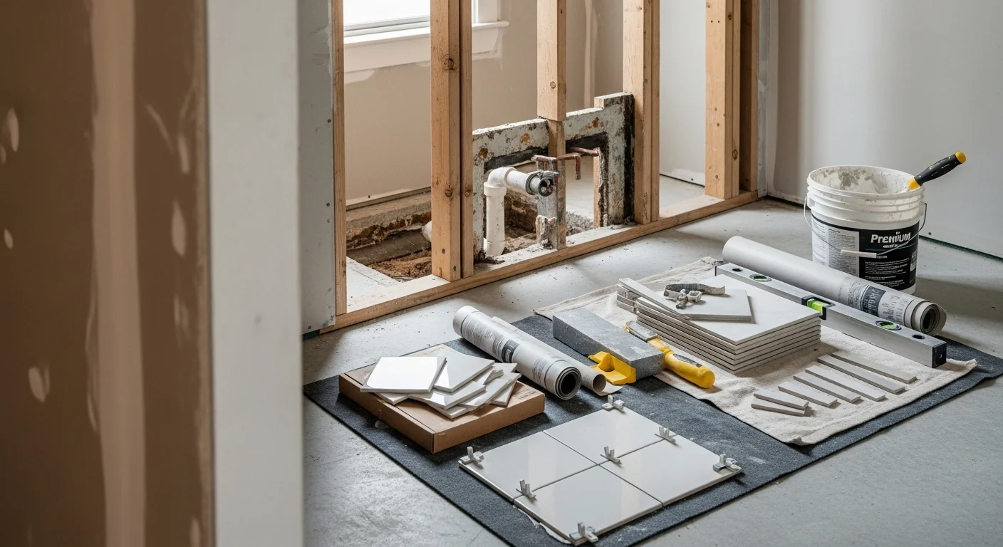 A fully remodeled bathroom in a Tacoma home featuring large-format floor tile, a tiled walk-in shower with glass enclosure, and an updated vanity. The finished space reflects a complete renovation of an older Tacoma bathroom with modern waterproofing and clean tile work throughout.