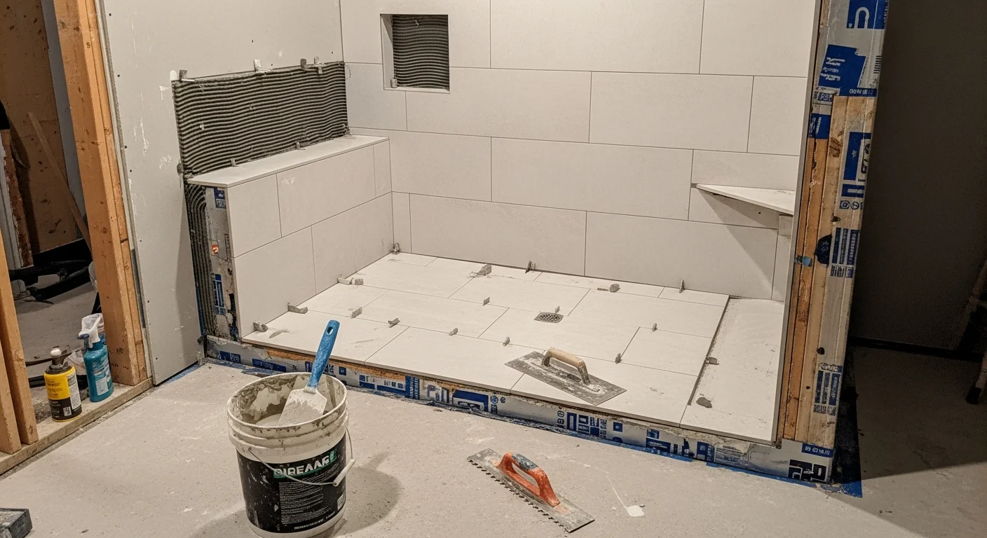 Newly installed white subway tile covering the walls of a walk-in shower in a Tacoma home, with clean grout lines and a tiled shower floor. The bathroom features a modern layout typical of a remodeled Pacific Northwest residence.