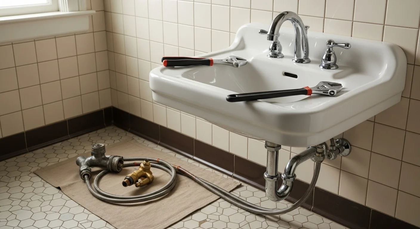 A newly installed bathroom vanity, faucet, and sink in a Tacoma home, showing clean fixture connections and finished tile surround. The updated fixtures sit flush against the wall with no visible gaps or caulk gaps at the mounting points.