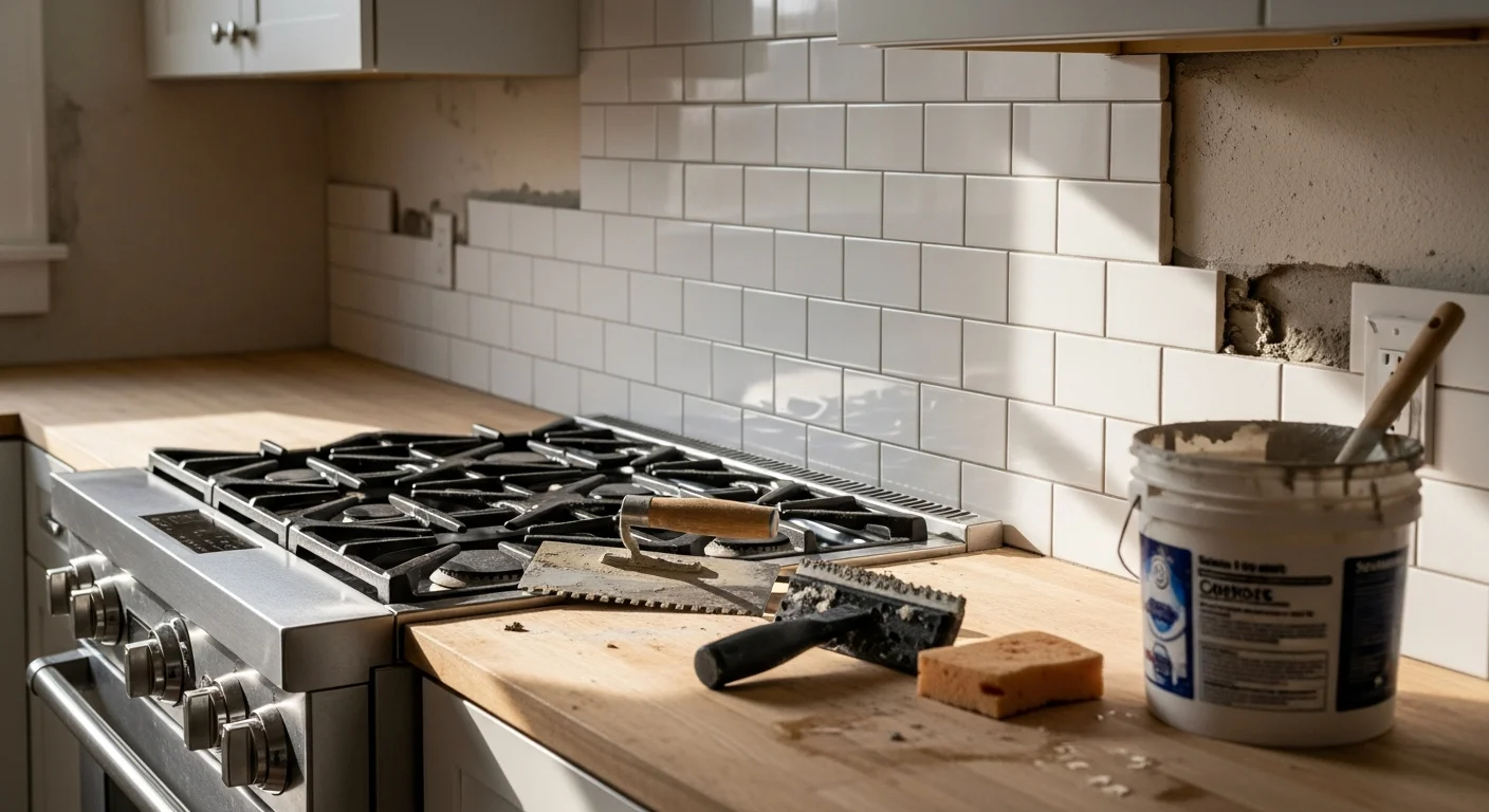 Freshly installed kitchen backsplash tile above a sink in a Tacoma home, showing tight grout lines and a clean finish against white cabinetry. The tile covers the full wall section between the countertop and upper cabinets with no gaps or uneven edges.