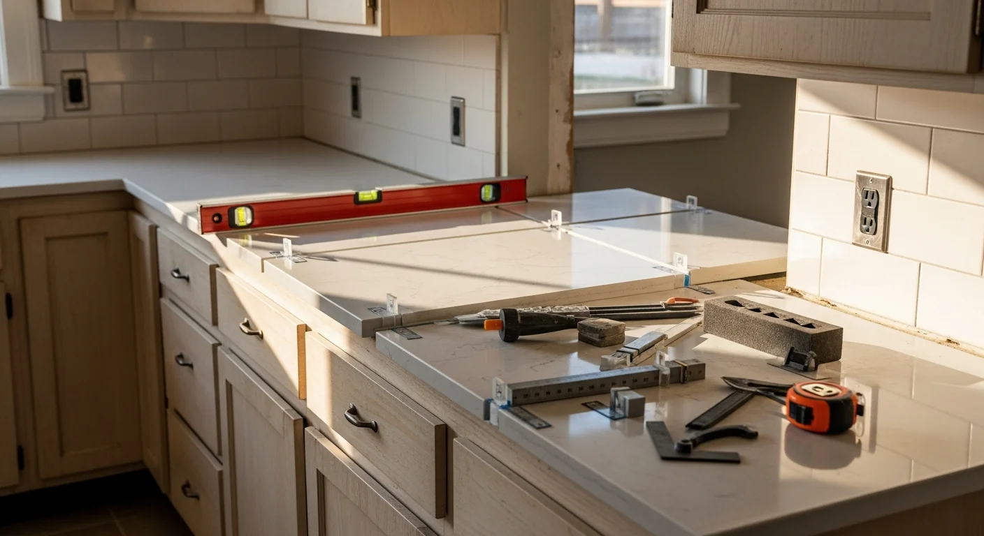 Newly installed kitchen countertop with a clean edge finish and sink cutout in a Tacoma home. The surface sits flush across the cabinetry in a kitchen with natural light from a window above the sink.