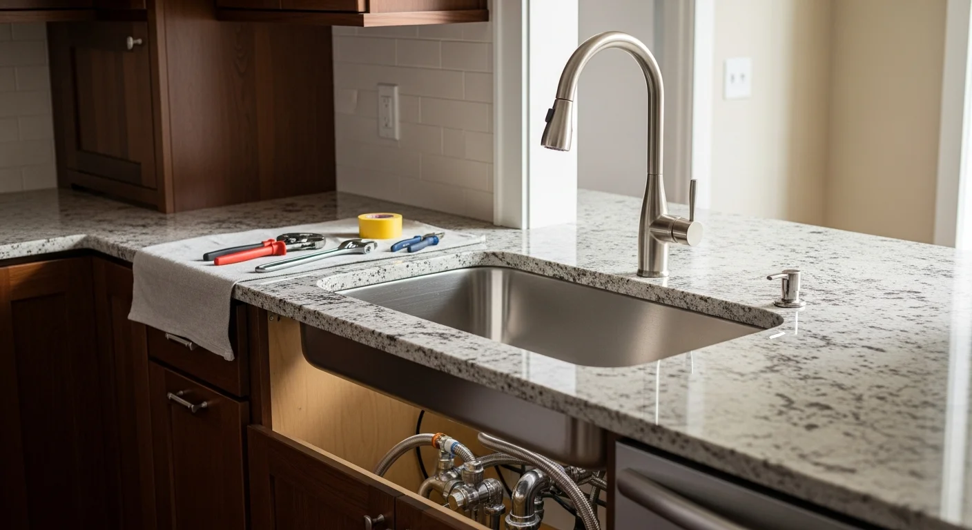 A newly installed undermount kitchen sink and brushed metal faucet set into a stone countertop inside a remodeled Tacoma home kitchen. The cabinetry below is intact and the workspace is clean and ready for use.