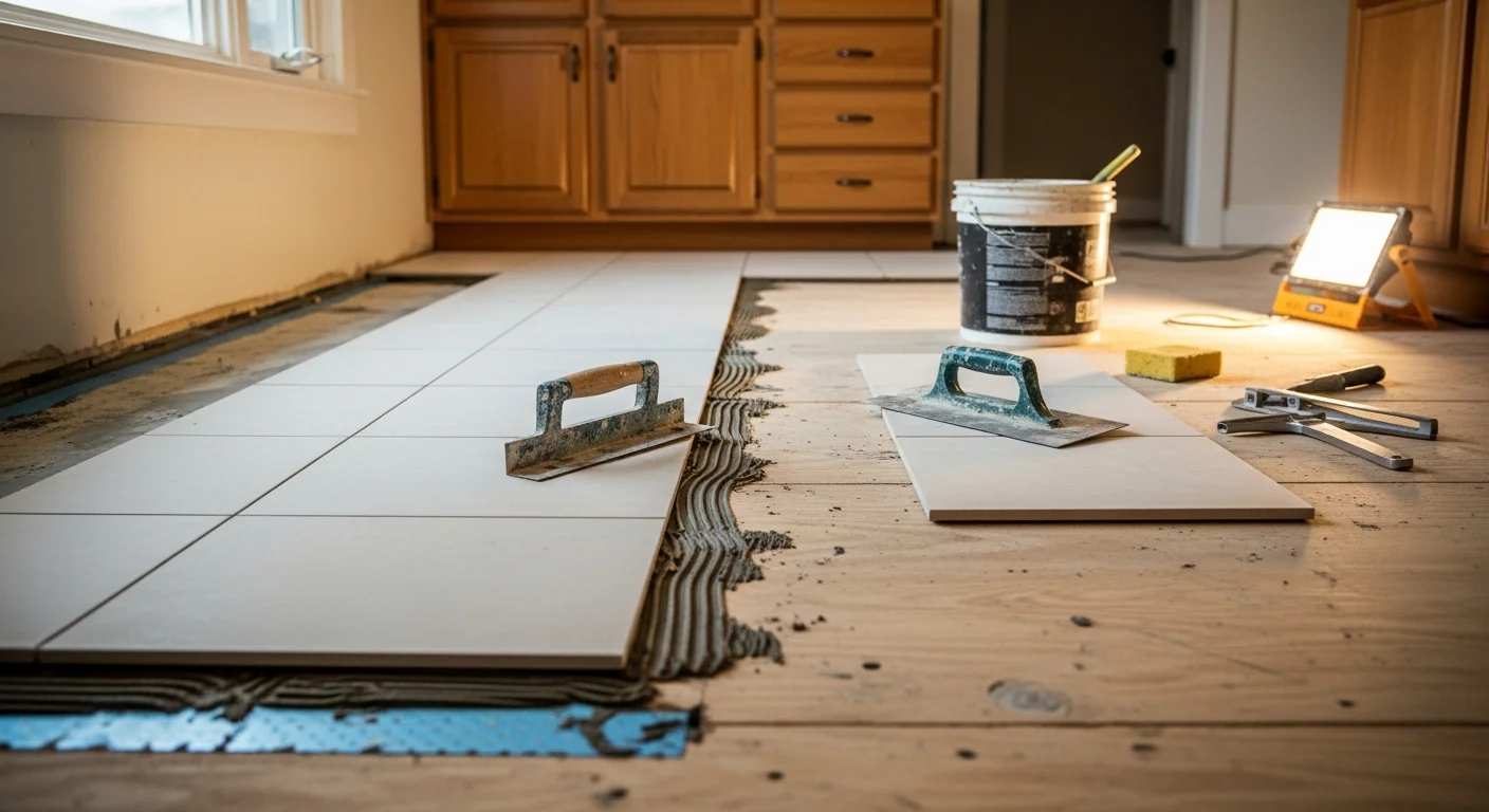 Newly installed tile kitchen floor in a Tacoma home, showing clean grout lines and a level surface extending from the cabinets to the doorway. The kitchen subfloor is fully covered with moisture-resistant flooring suited for the Pacific Northwest climate.