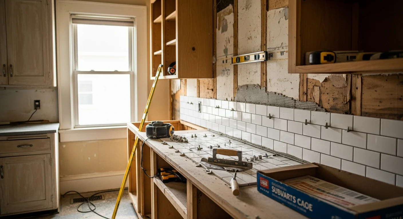 Remodeled kitchen in a Tacoma home featuring new tile flooring, updated cabinetry, and a clean tile backsplash. The open layout replaces a closed-off original floor plan common in older Pierce County homes.