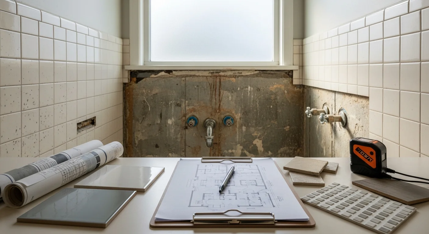 A remodeling contractor reviewing plans with a Tacoma homeowner inside an older Craftsman-style home. The consultation takes place in a kitchen with original wood trim and dated fixtures awaiting renovation.