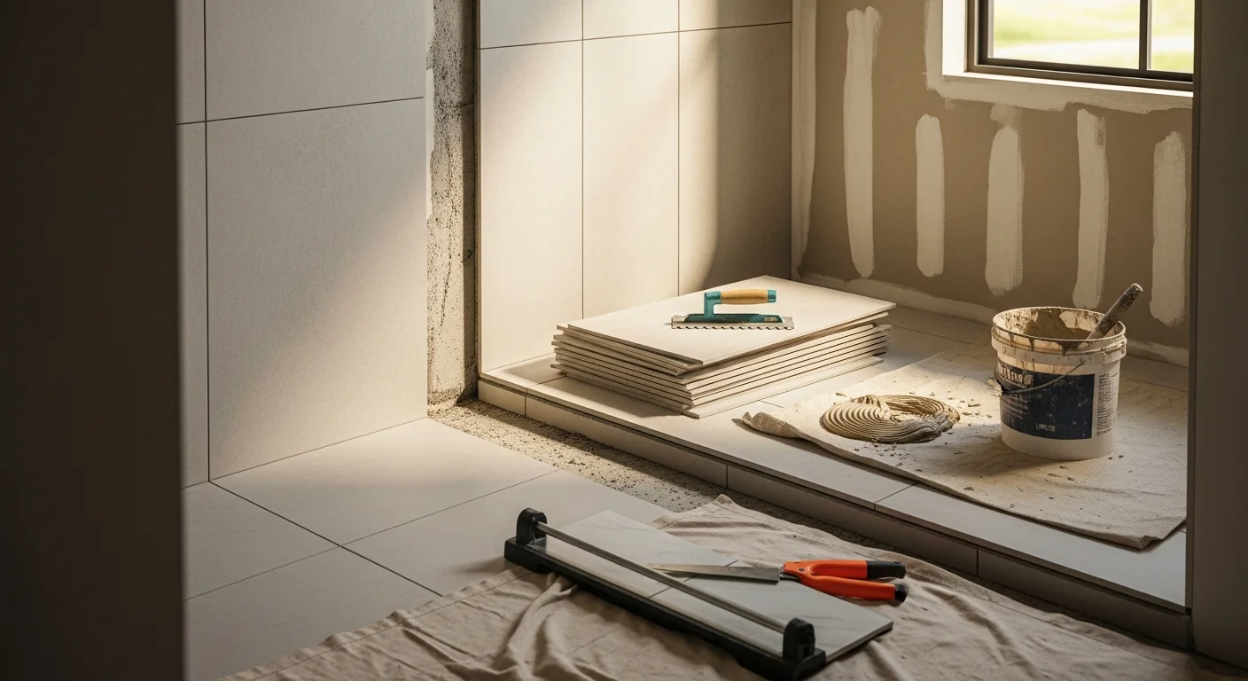 Freshly installed shower wall tile in a Tacoma home bathroom, showing consistent grout lines and a waterproofed tile surround. The shower includes a recessed niche and floor tile set by Superior Tile and Remodel LLC.
