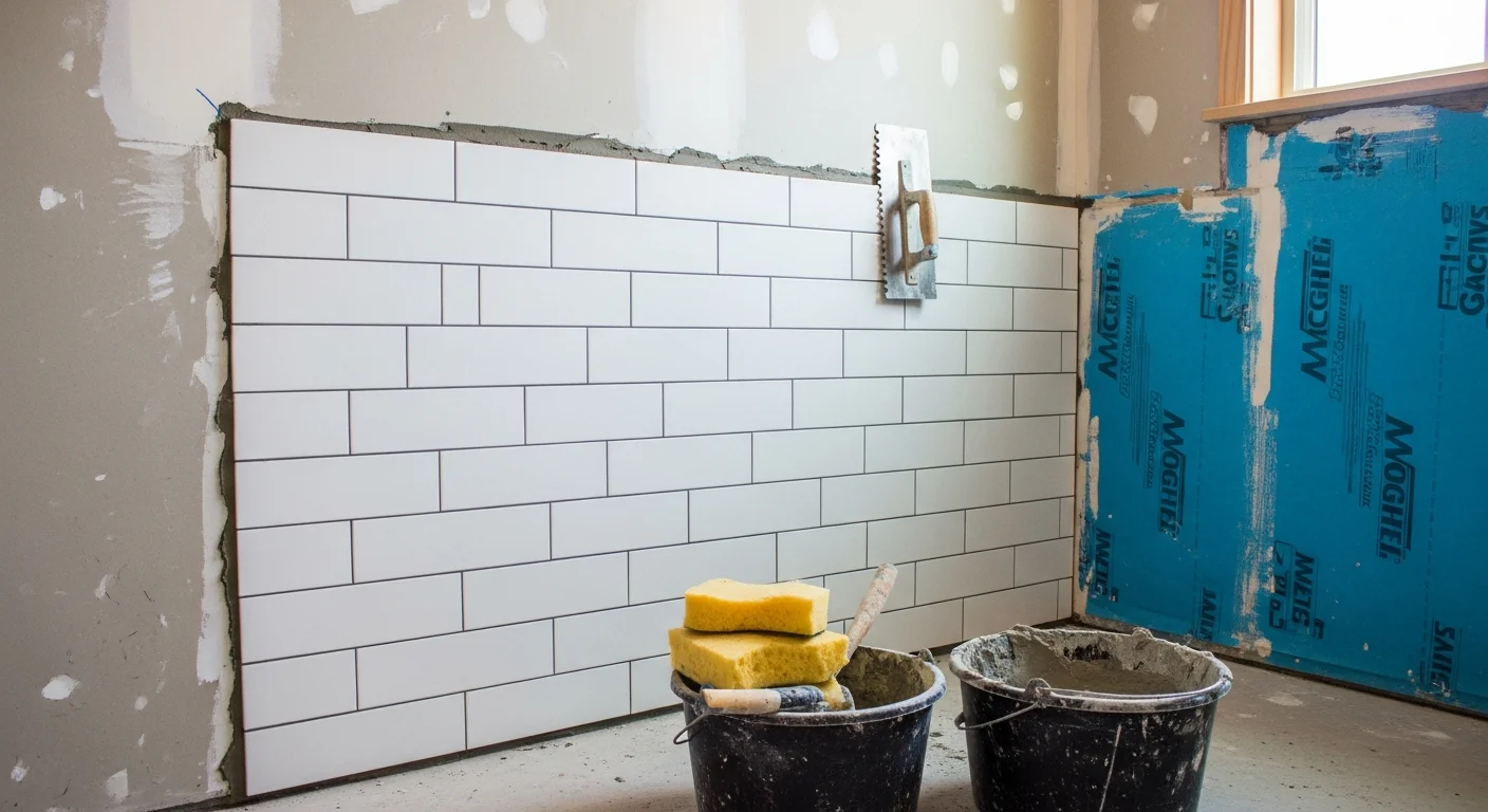 Freshly installed floor tile in a Tacoma bathroom with clean grout lines and a waterproofed shower surround. The finished surface shows even tile alignment across a small single-family home bathroom typical of the Tacoma area.