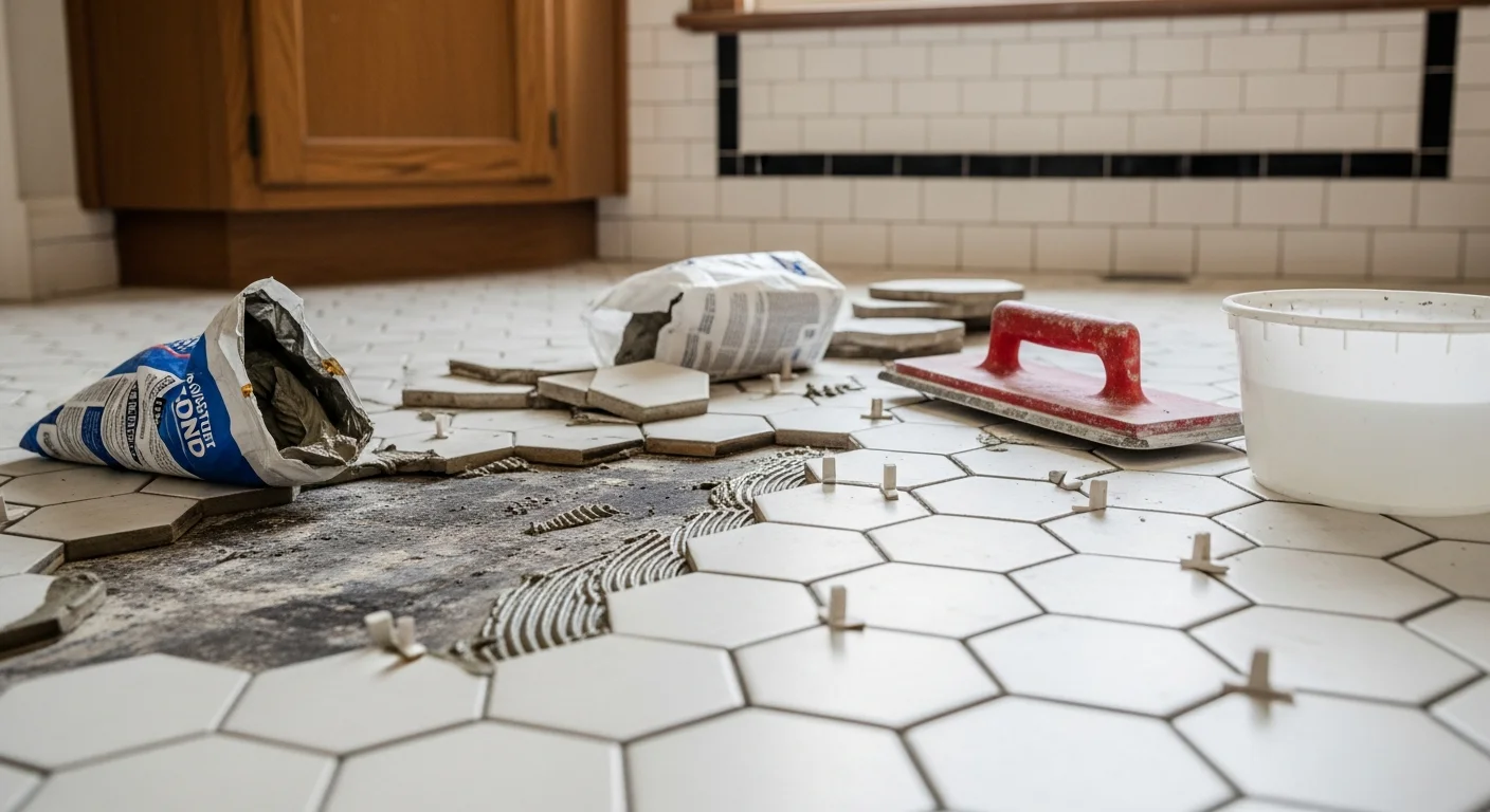 A repaired bathroom tile floor in a Tacoma home showing clean grout lines and level tile surfaces with no visible cracks or gaps. The finished repair blends with the surrounding original tile, showing consistent color and pattern throughout the room.
