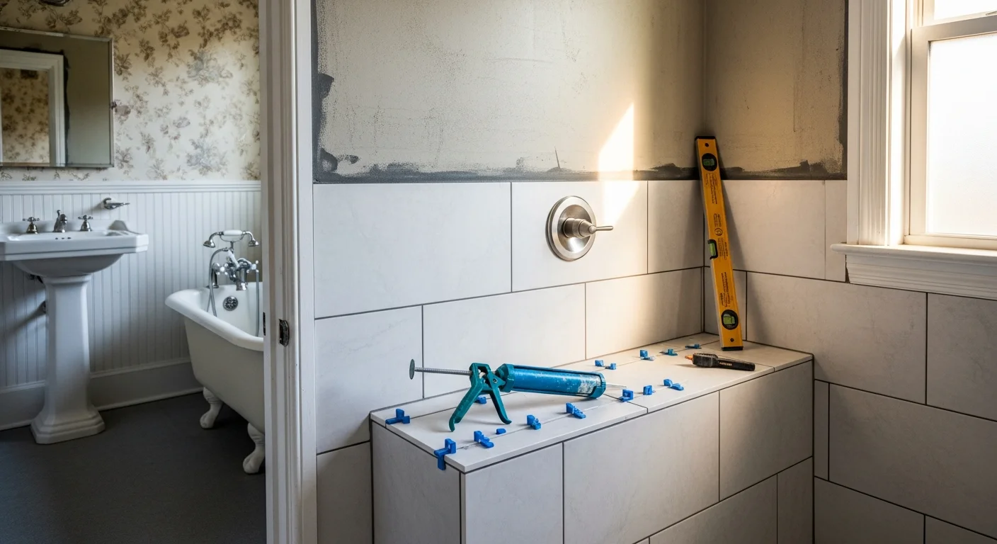 A finished tub to shower conversion in a Tacoma home bathroom, showing a tiled walk-in shower with a glass enclosure where a bathtub previously stood. The open layout and clean tile work reflect a practical upgrade suited to a Pacific Northwest home.