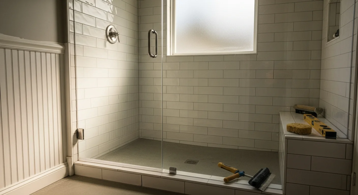 A finished walk-in shower installed by Superior Tile and Remodel LLC in a Tacoma home, featuring floor-to-ceiling tile work and a frameless glass enclosure. The curbless entry and built-in niche shelf reflect a clean, functional design suited to the bathroom's existing layout.